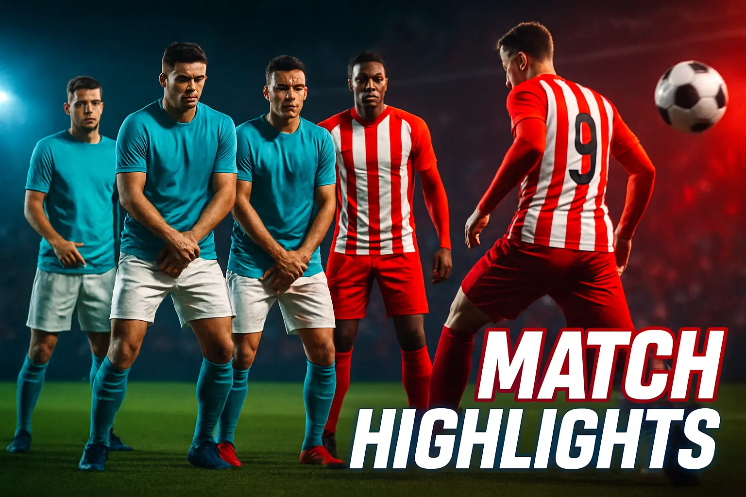 Football YouTube thumbnail template with set-piece action and bold text