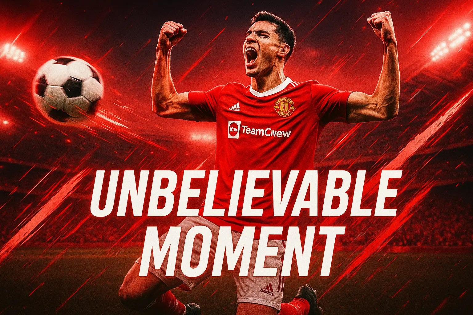 Football YouTube thumbnail template with goal celebration and dramatic stadium