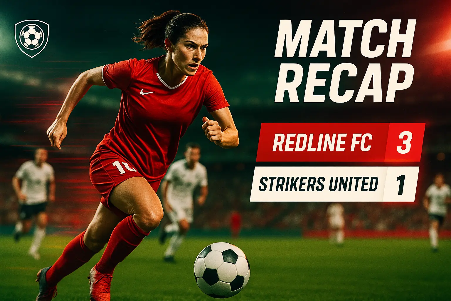 Football YouTube thumbnail template with female player sprinting in red kit