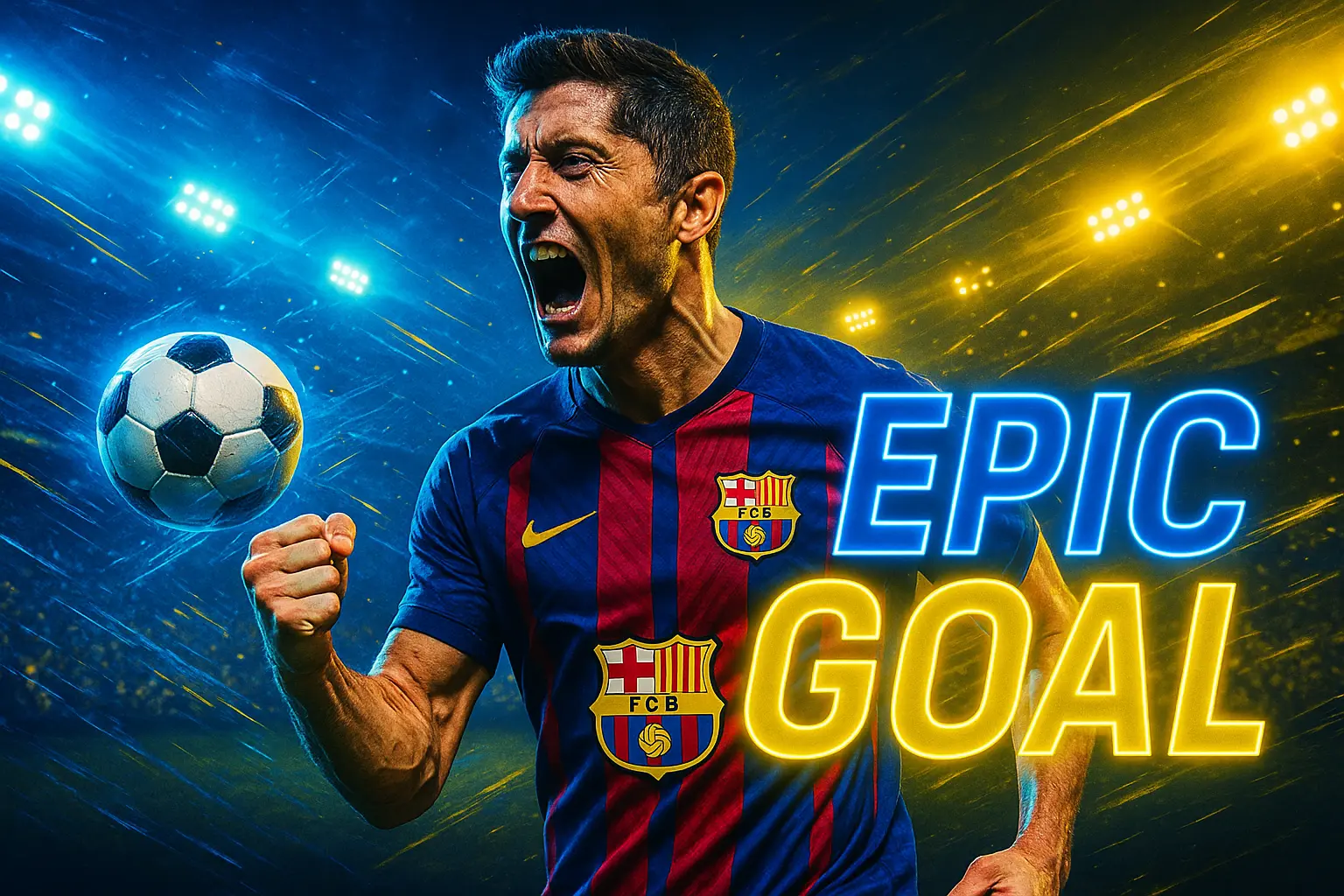 Football YouTube thumbnail template with player celebration and stadium lights
