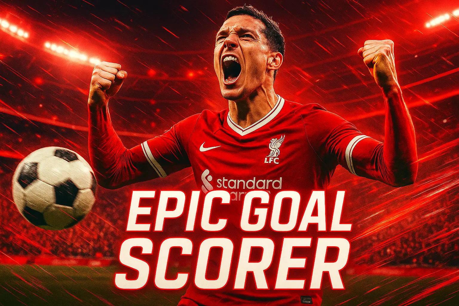 Football YouTube thumbnail template featuring epic goal scorer celebration