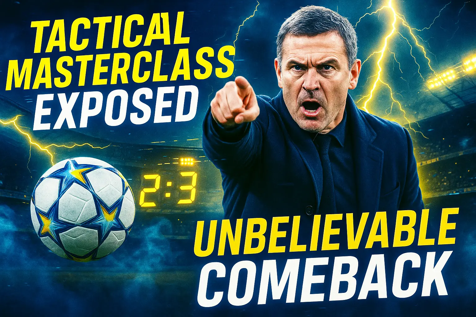 Football YouTube thumbnail template with intense manager and stormy stadium