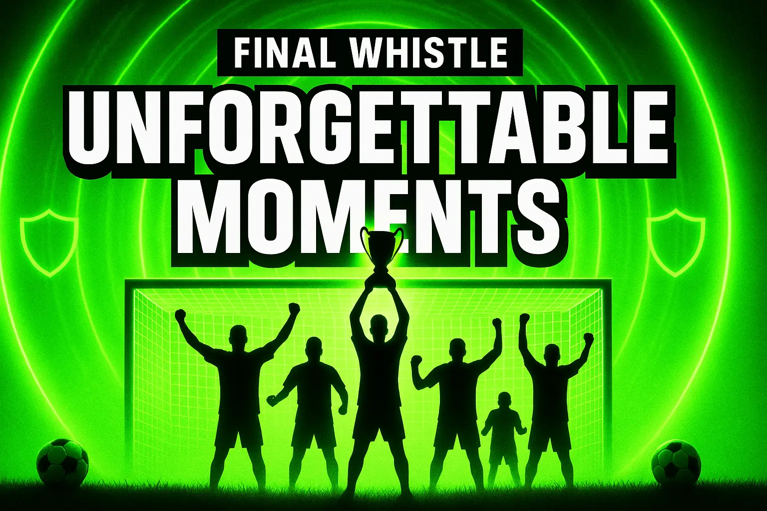 Football YouTube thumbnail template with green glow and trophy celebration