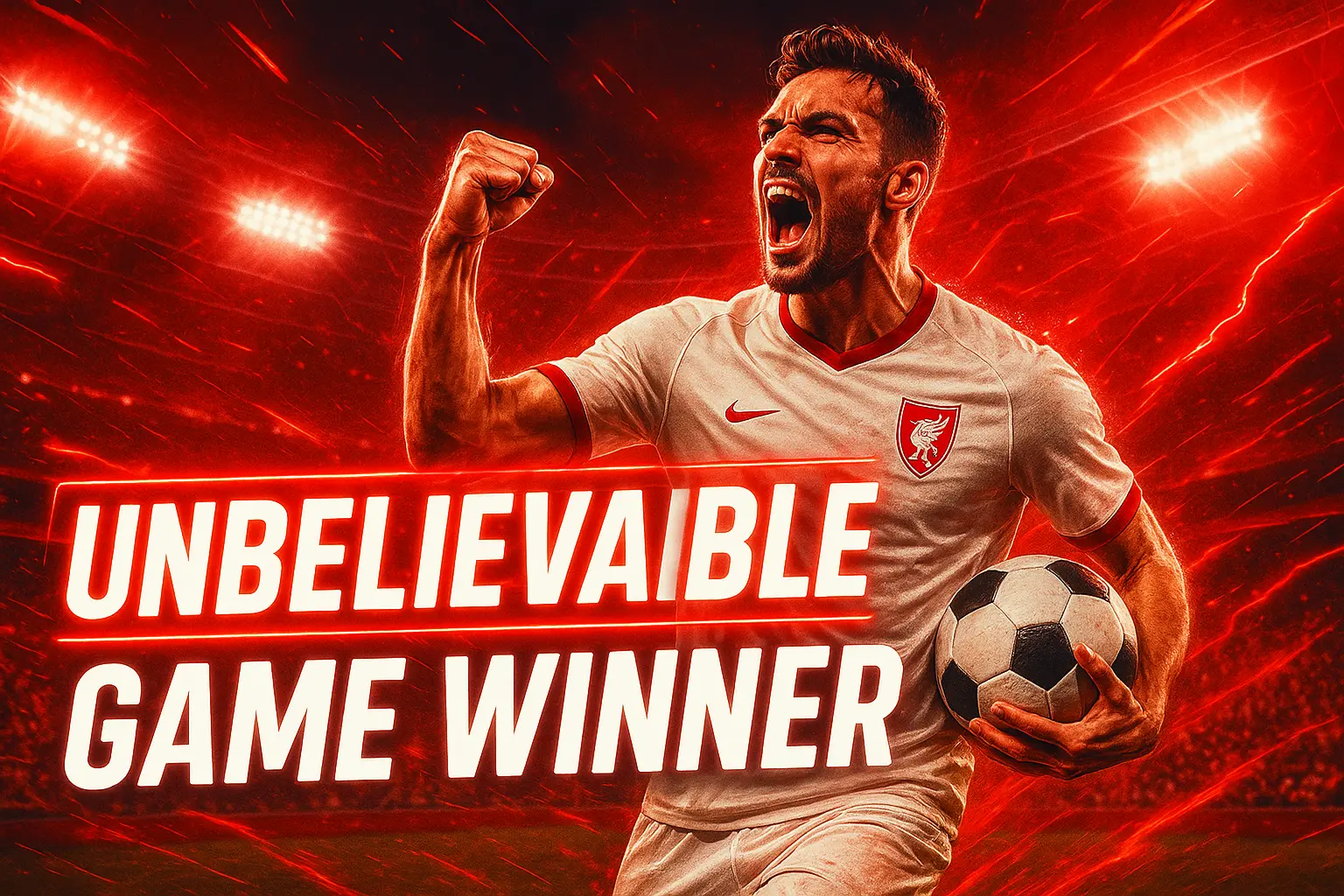 Football YouTube thumbnail template with victory mood, player celebrating goal