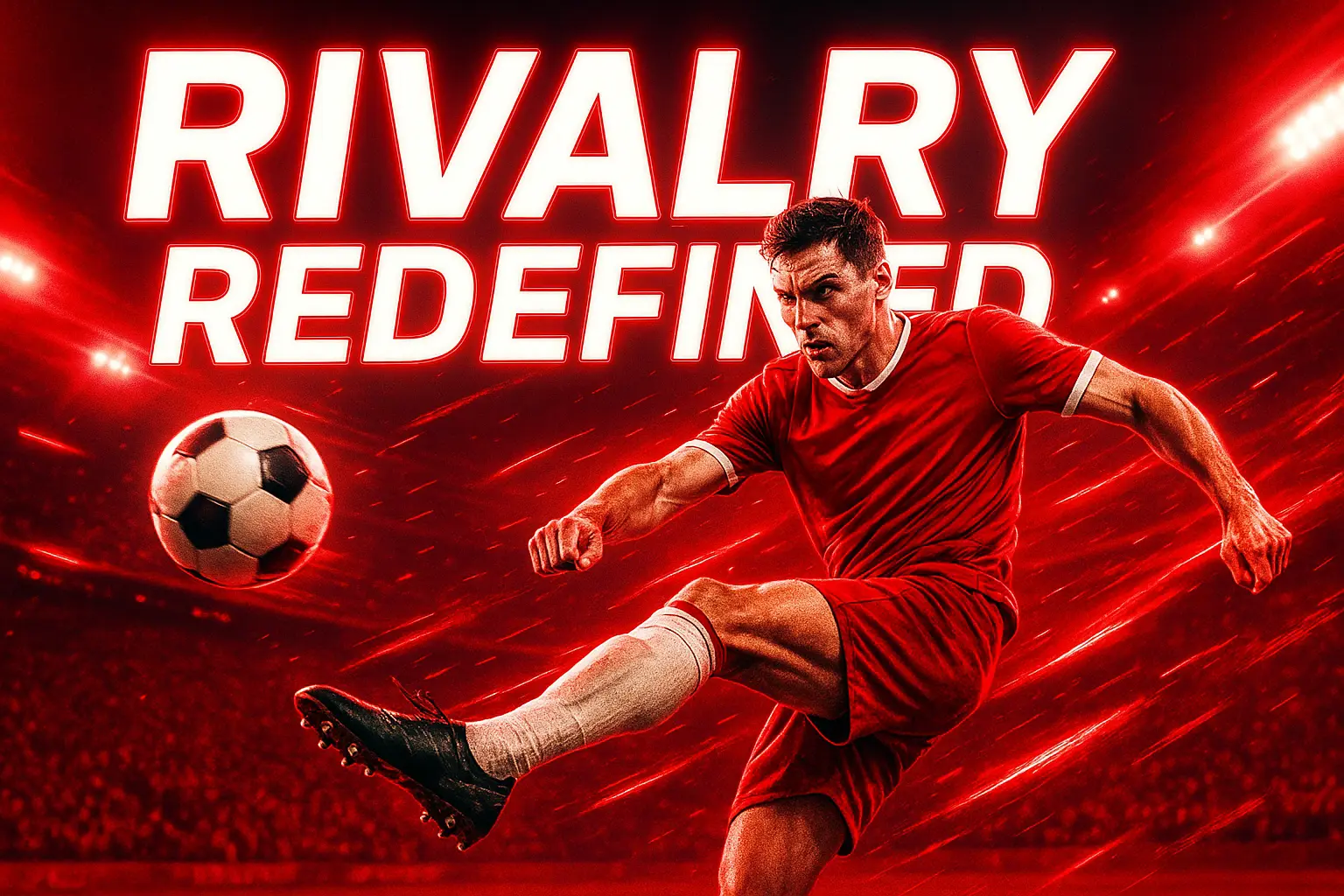 Football YouTube thumbnail template featuring intense footballer mid-kick