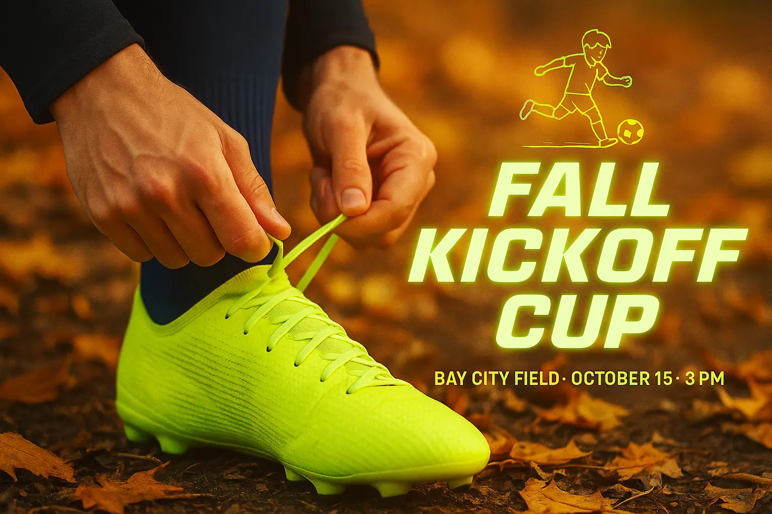 Football YouTube thumbnail template with cleat-tying action and fall theme