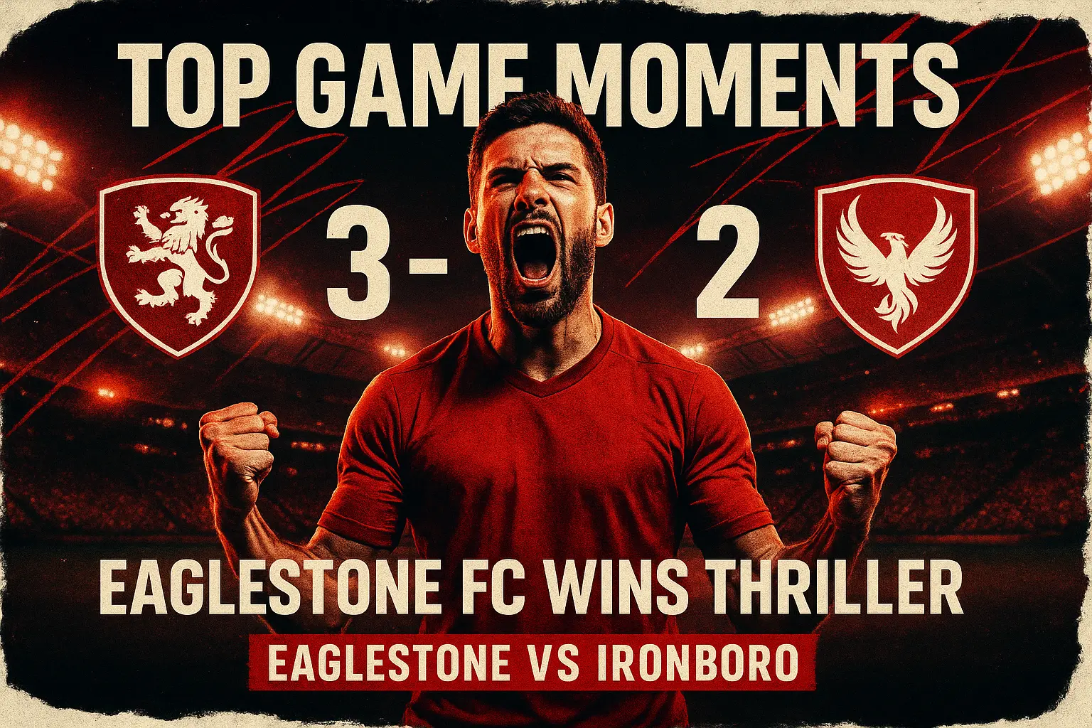 Football YouTube thumbnail template showing goal celebration and 3–2 score