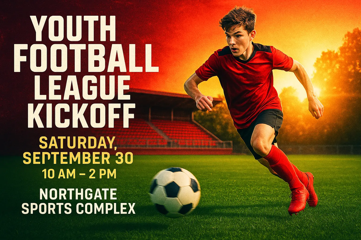 Football YouTube thumbnail template showing youth player mid-kick
