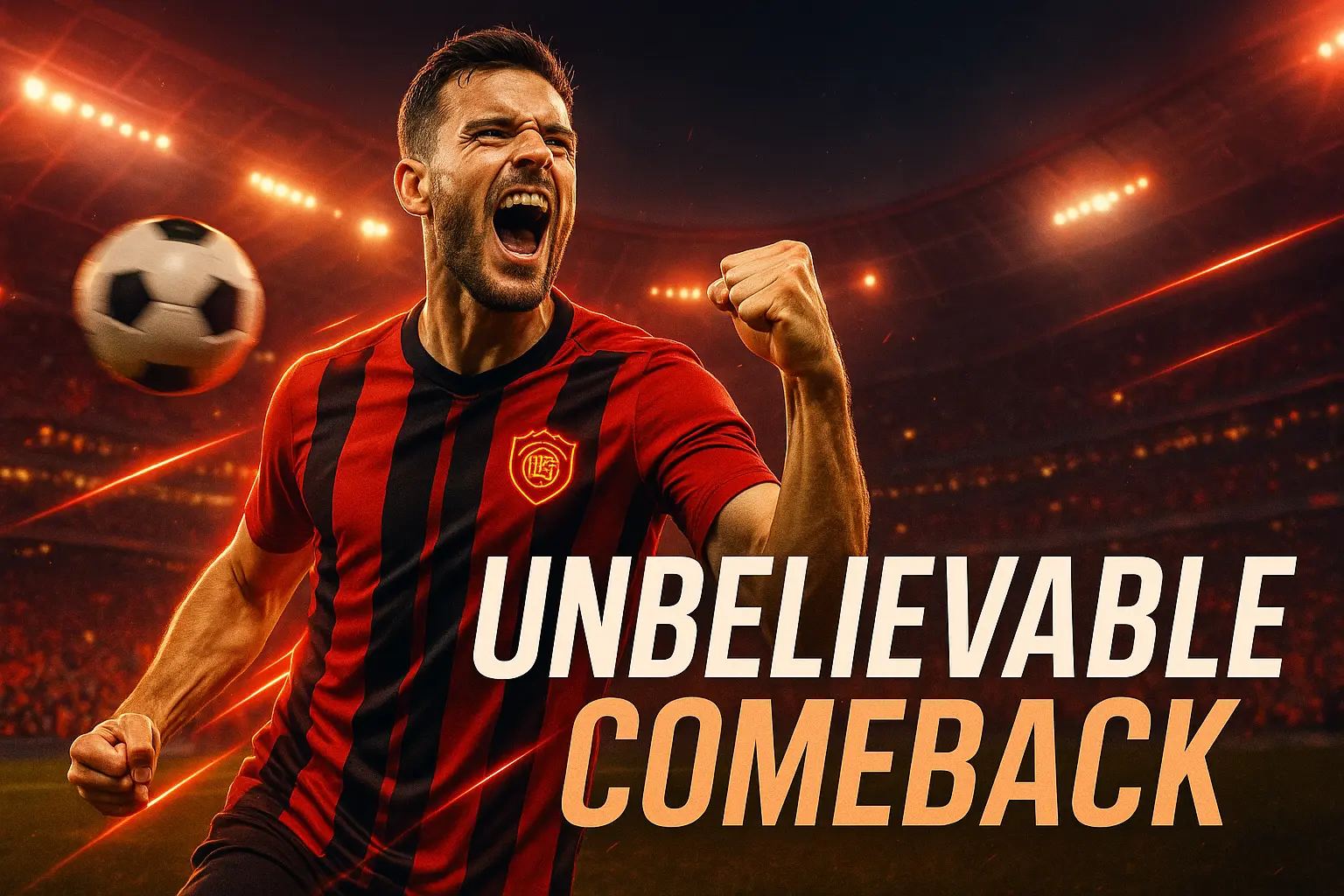 Football YouTube thumbnail template featuring a victorious footballer with dynamic stadium lighting