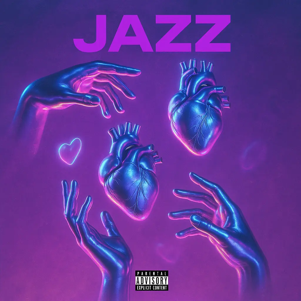 Jazz Album Covers template with metallic hands, hearts, and neon glow