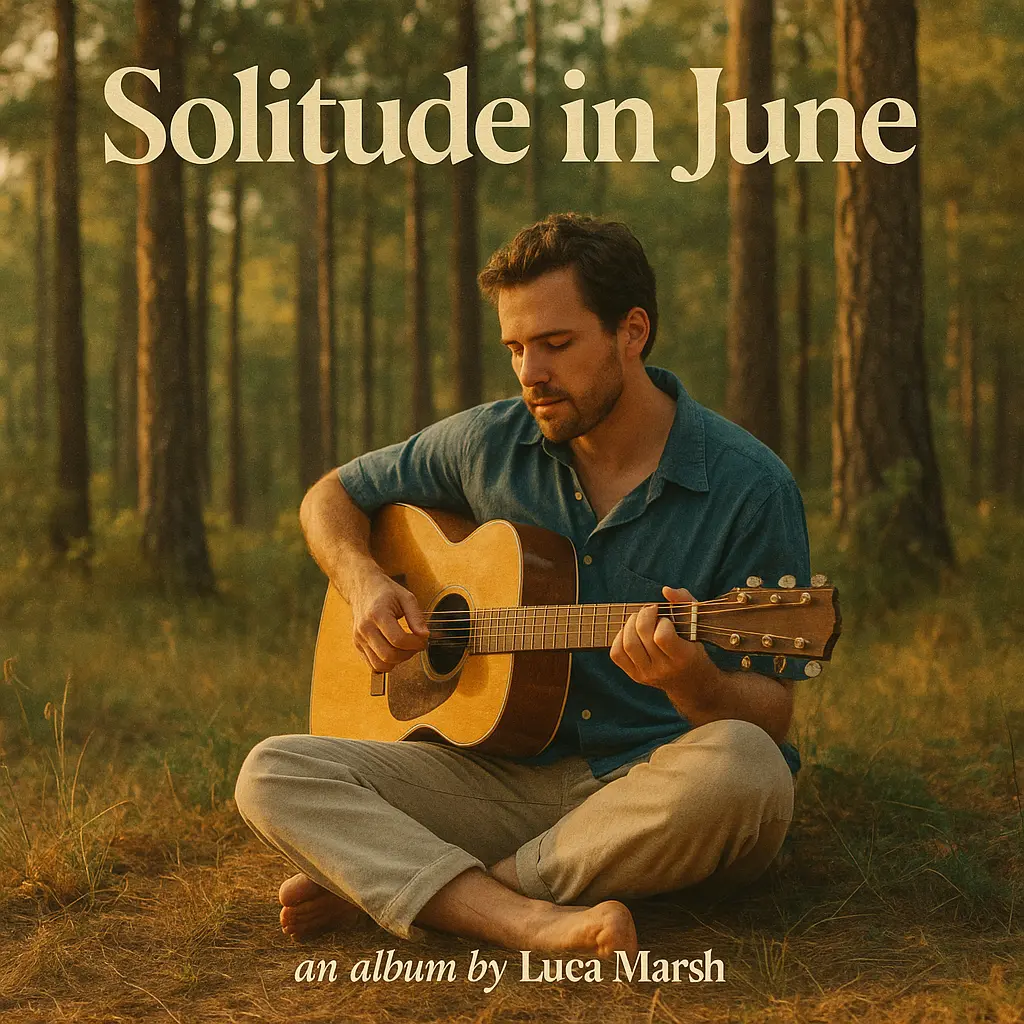 Jazz Album Covers template featuring a man playing guitar in the forest.