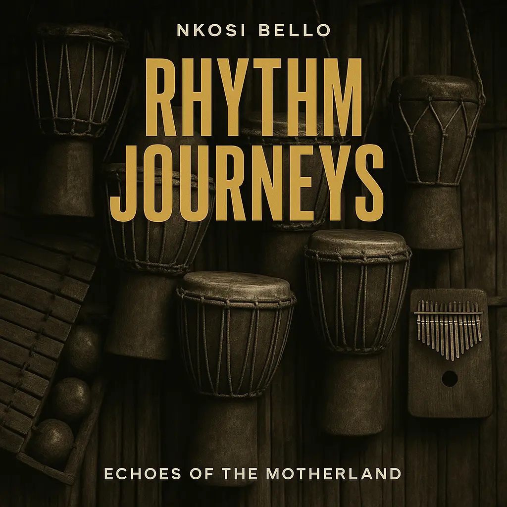 Grayscale Jazz Album Covers template with African drums and bold yellow title