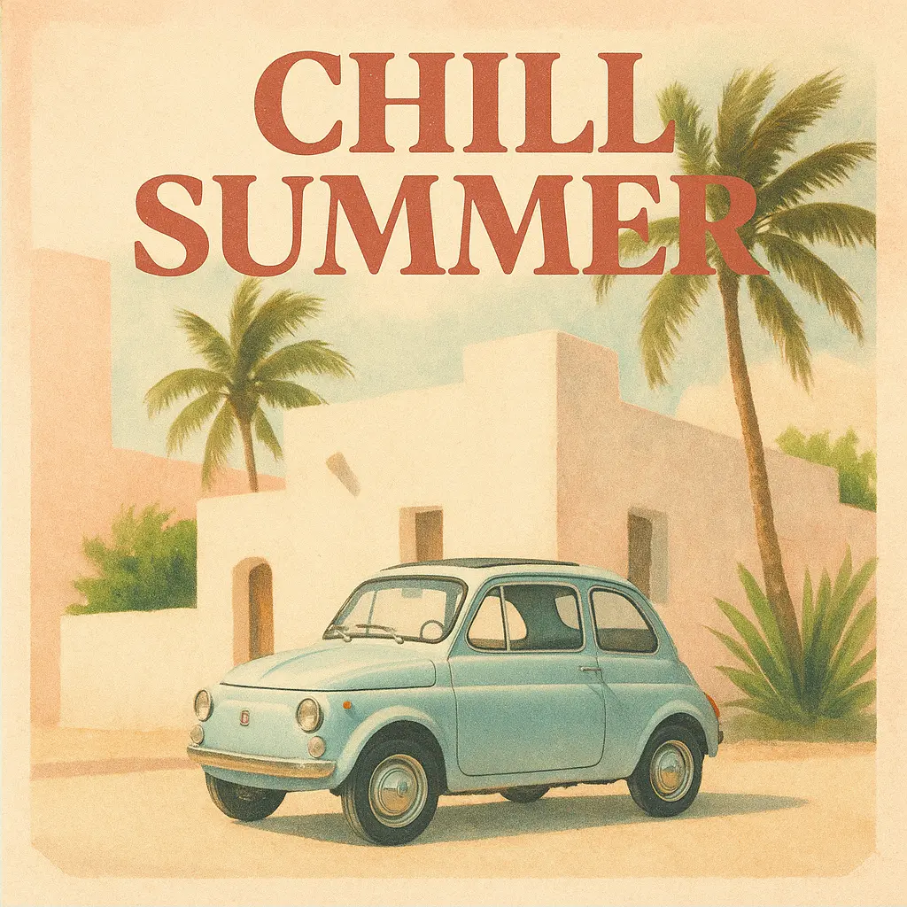 Vintage Jazz Album Covers template with light blue Fiat 500 and palm trees