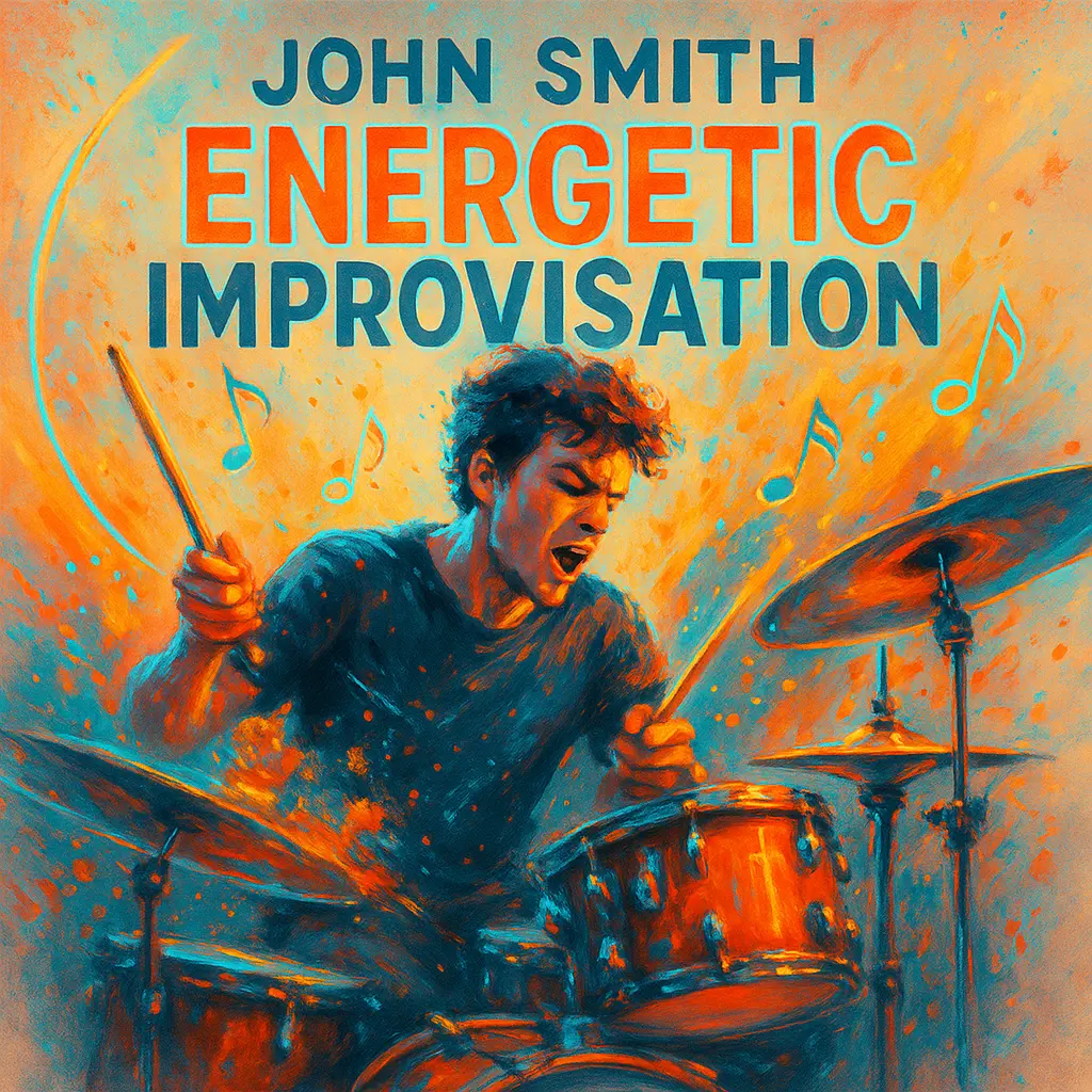 Jazz Album Covers template featuring vibrant drummer in motion with musical notes