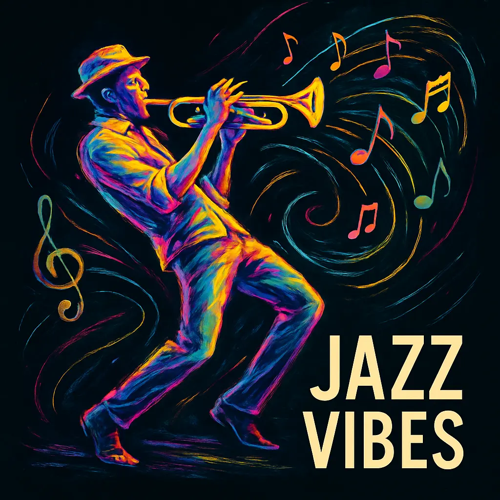 Jazz Album Covers template with a vibrant trumpet player and musical notes.