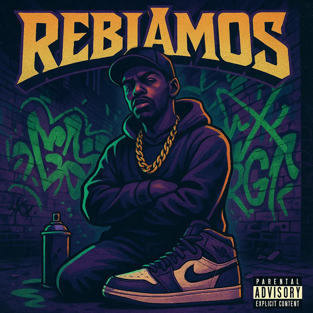 Hip-Hop Album Covers template featuring rebellious rapper, vibrant graffiti wall