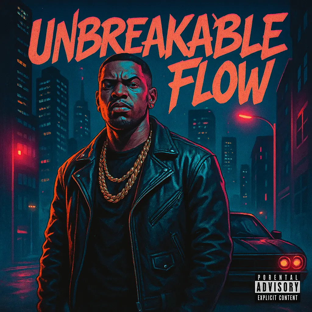 Hip-Hop Album Covers template with a solo rapper, neon city background, bold typography.