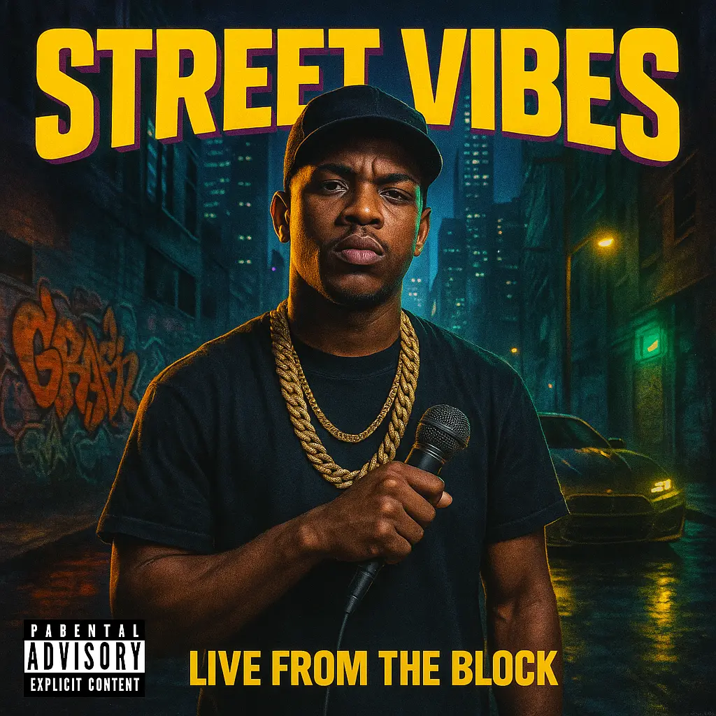 Hip-Hop Album Covers template with neon urban backdrop and confident solo rapper