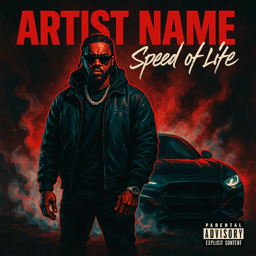 Hip-Hop Album Covers template featuring dynamic car and bold red typography
