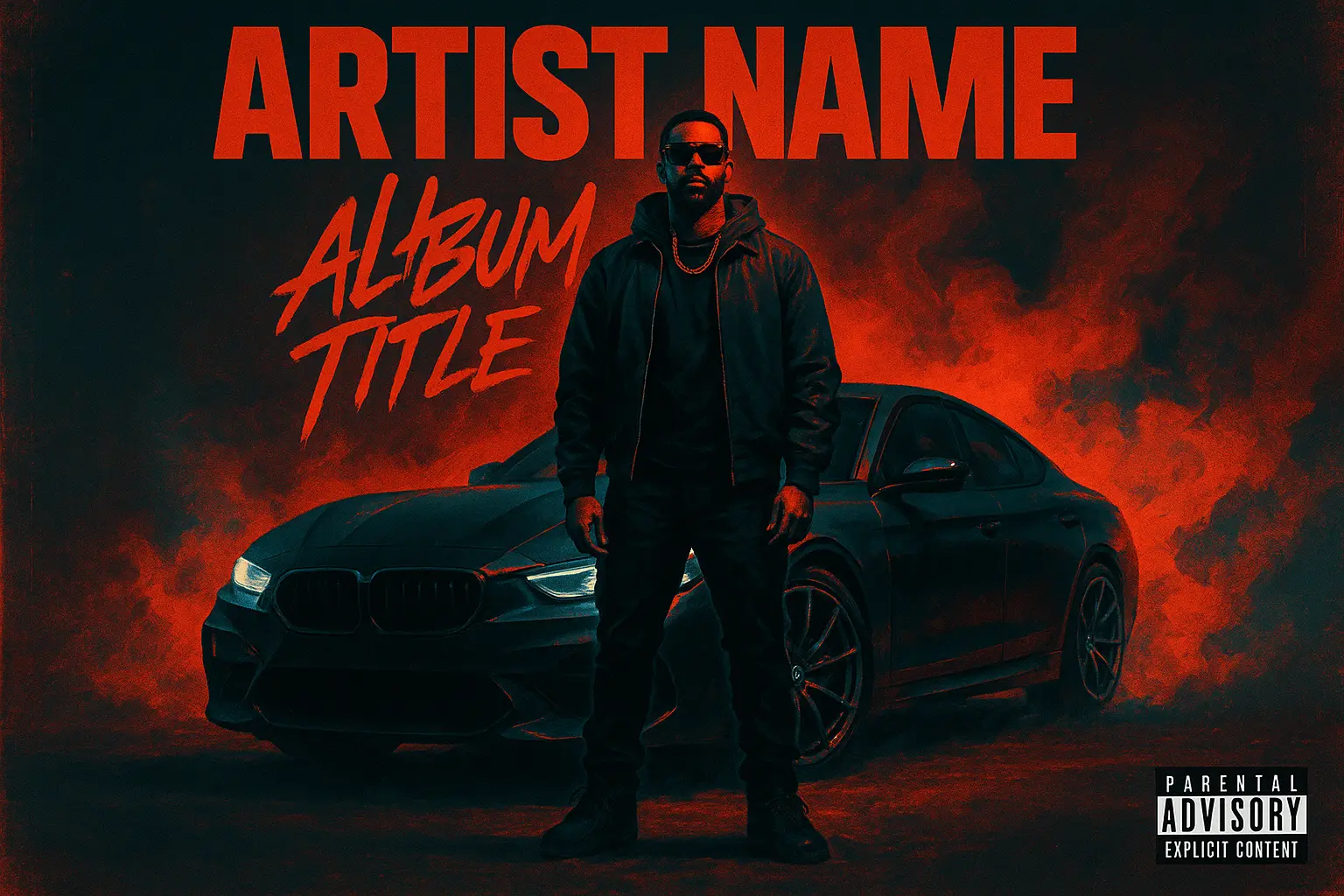 Hip-Hop Album Covers template with rapper in urban cityscape and neon lighting