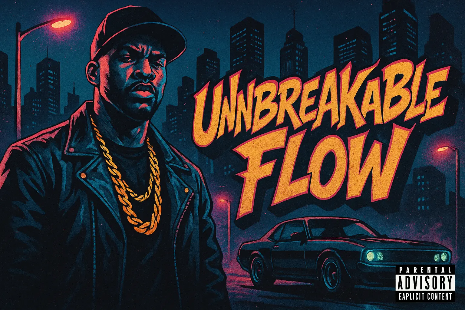 Hip-Hop Album Covers template with neon urban backdrop and confident solo rapper