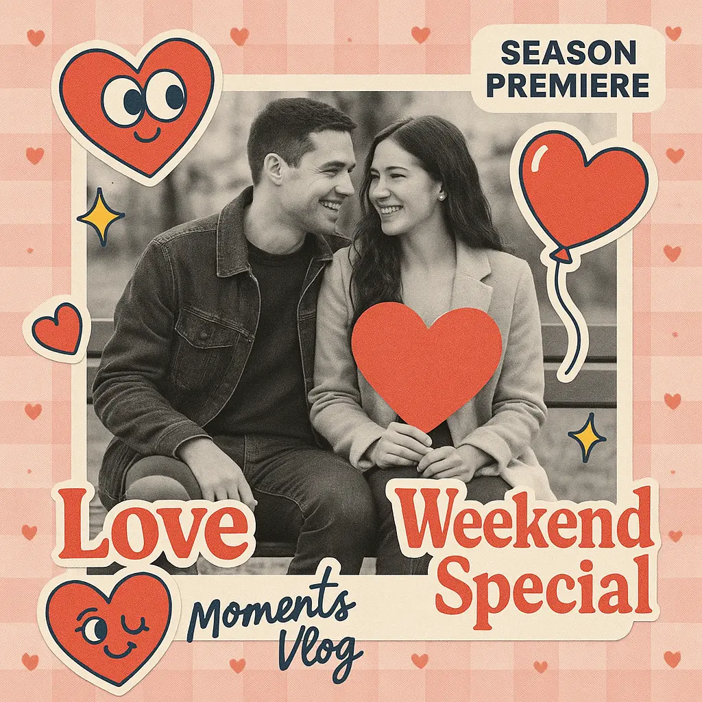 Love Album Covers template with romantic couple and cartoon hearts