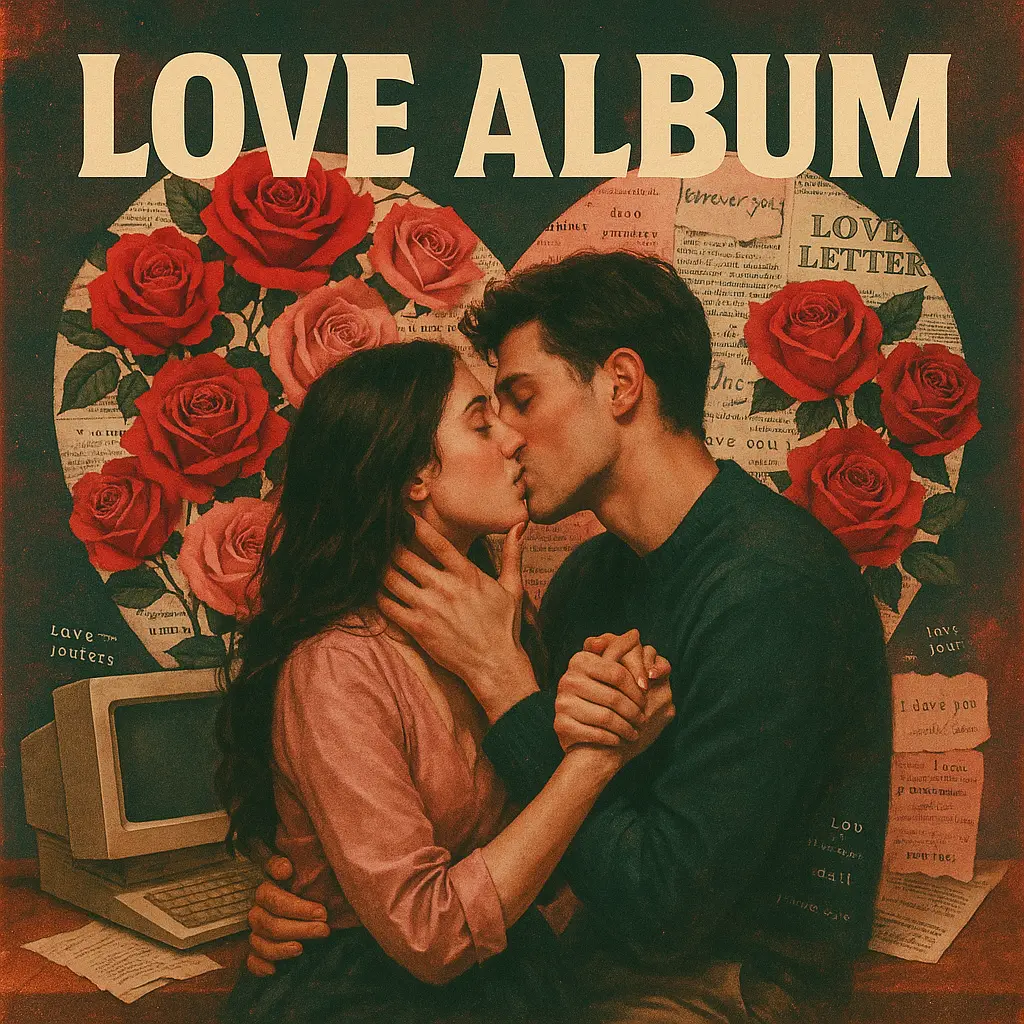 Love Album Covers template with a passionate embrace, roses, and vintage elements