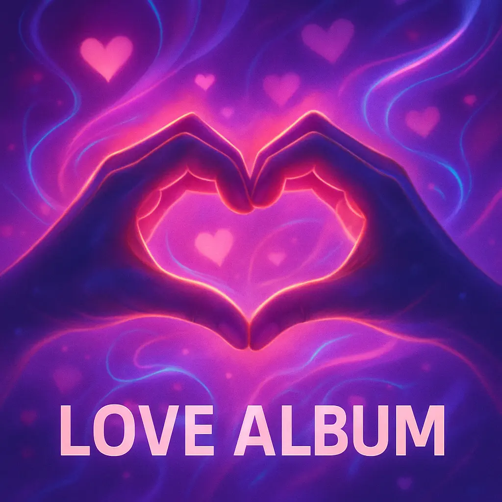 Love Album Covers template with hands forming a heart shape in neon glow