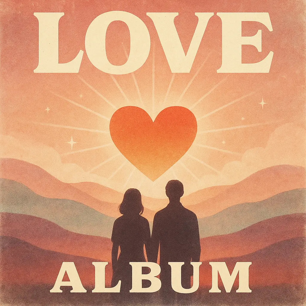 Love Album Covers template with silhouettes and sunset heart