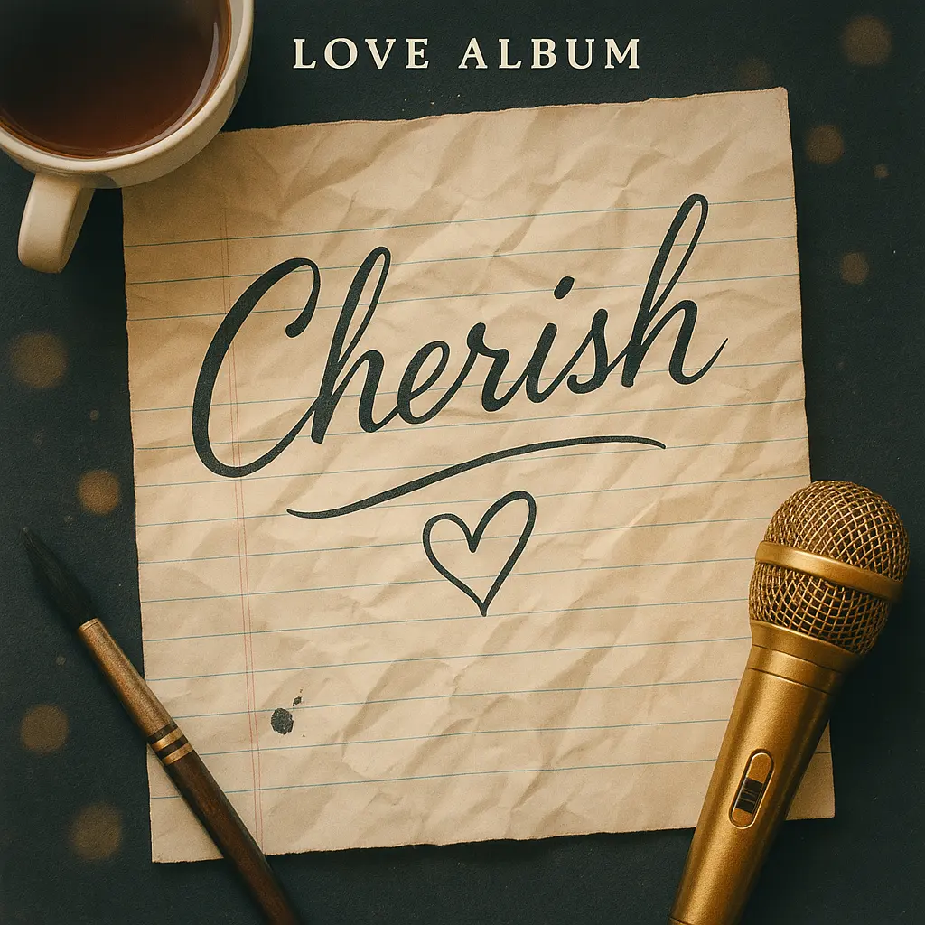 Love Album Covers template featuring handwritten 'Cherish' with a coffee cup and microphone.