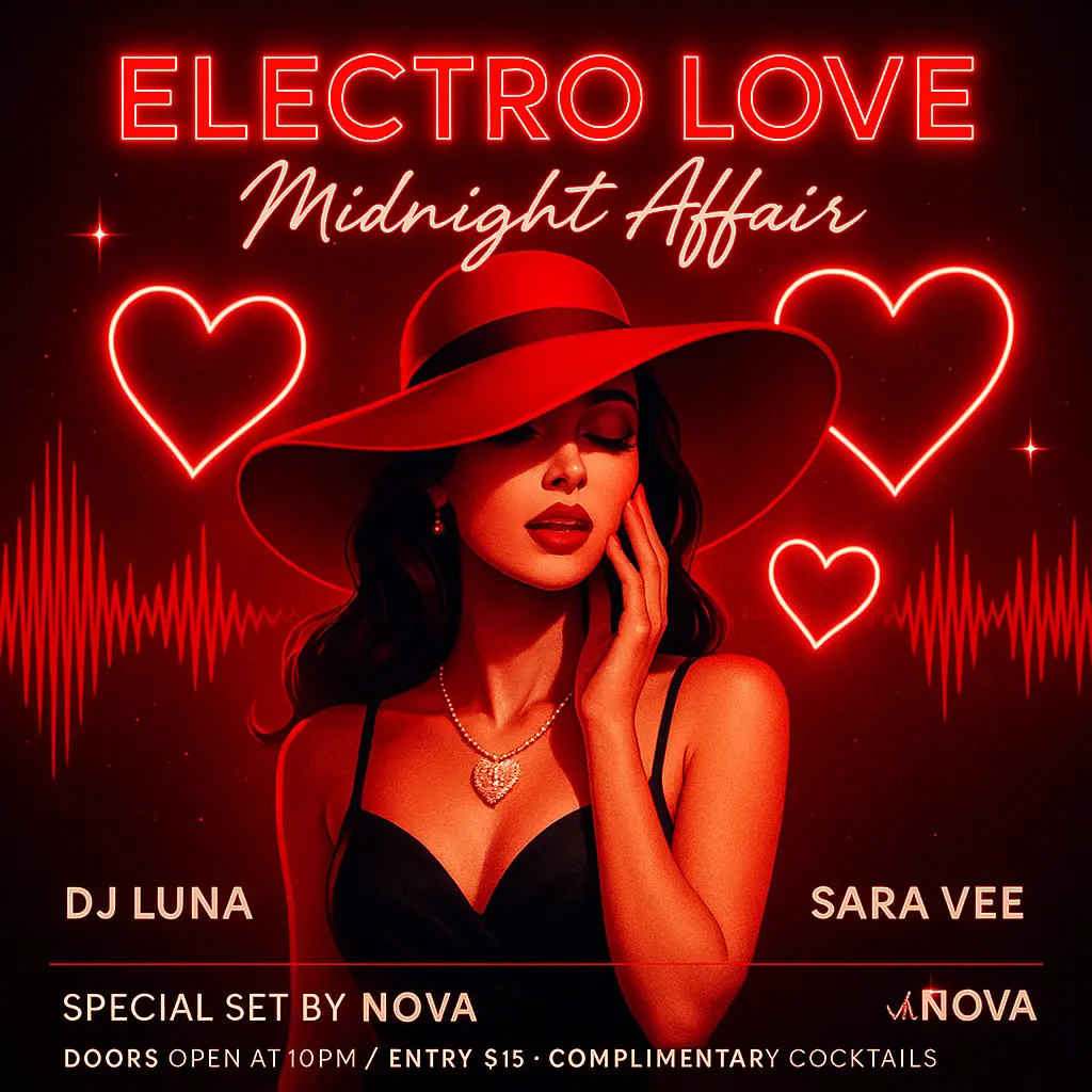 Love Album Covers template with neon hearts and stylish woman