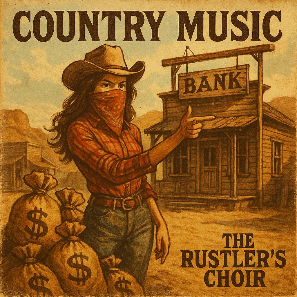 Western-themed Country Album Covers template with a bandit-like woman and stacked dollar bags.