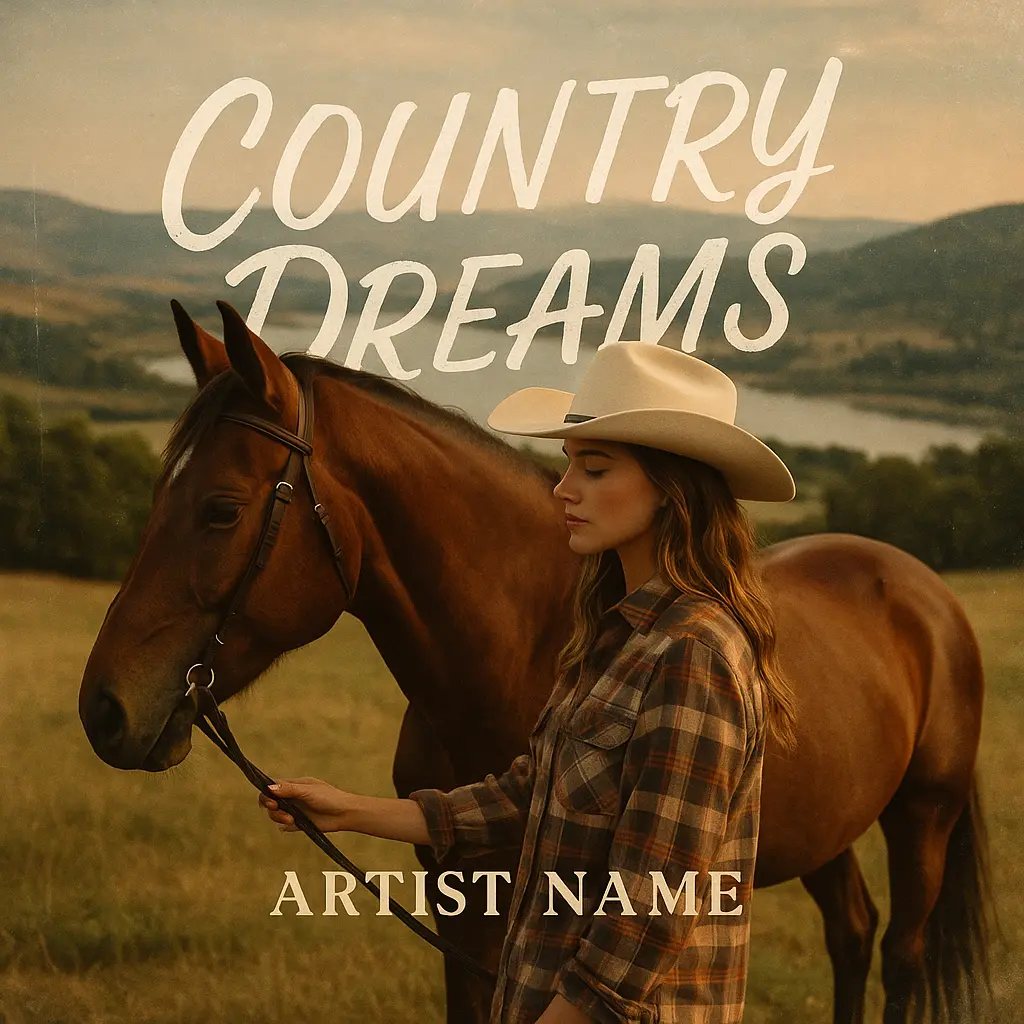 Country Album Covers template featuring a woman with a horse in a rural landscape