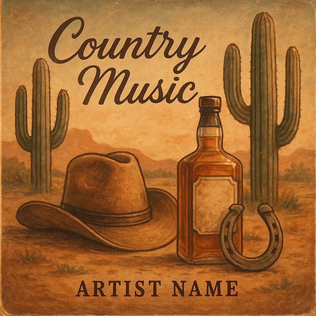 Country Album Covers template with cowboy hat, whiskey, horseshoe, and cacti