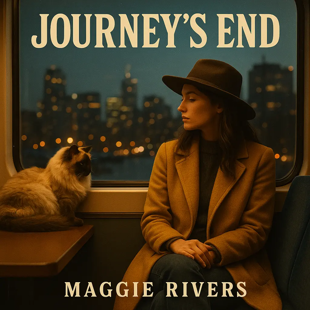 Country Album Covers template with woman and cat on train, cityscape background