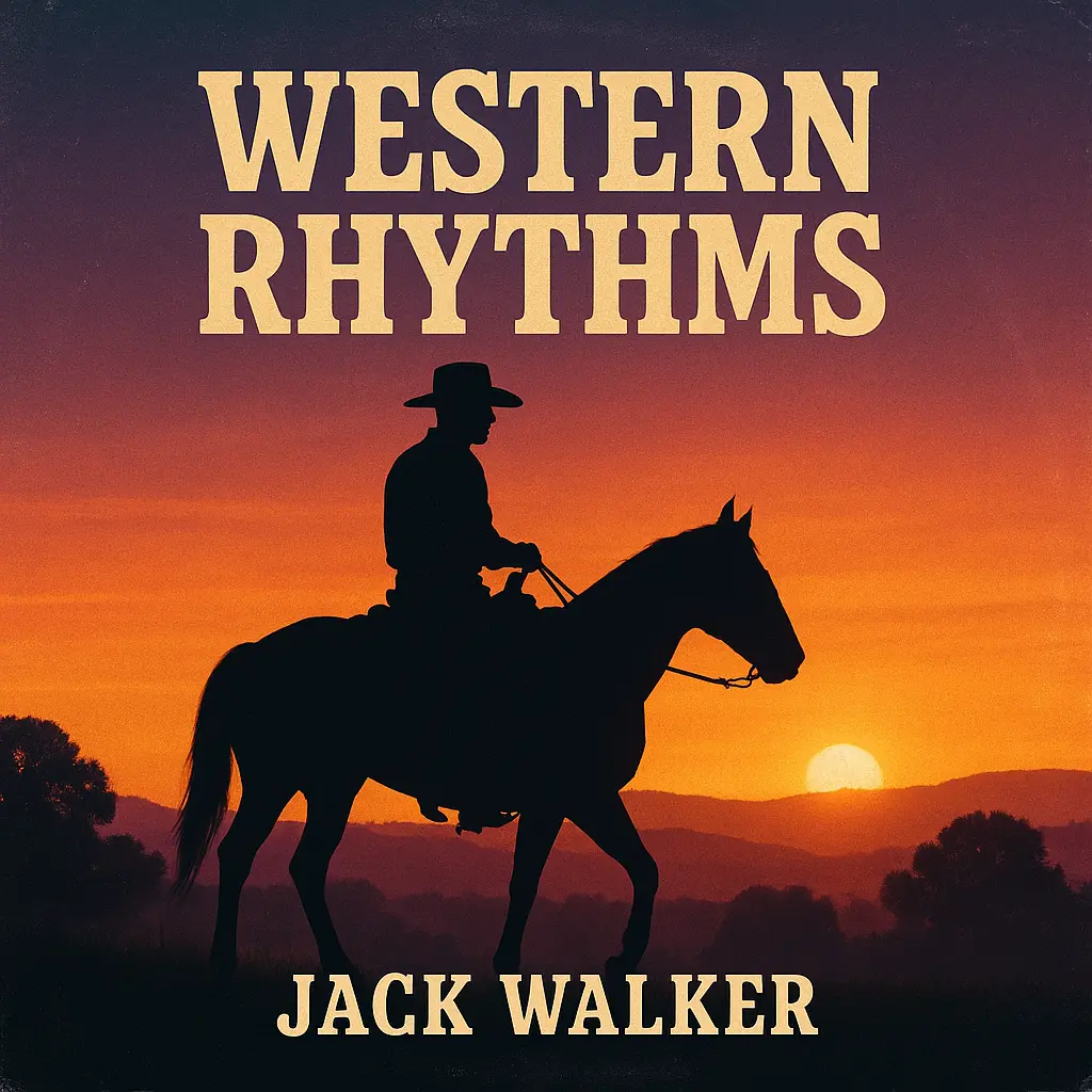Country Album Covers template featuring cowboy silhouette at sunset