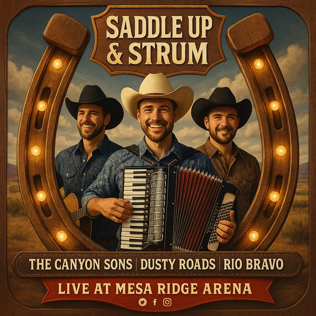 Country Album Covers template with cowboy trio and desert backdrop