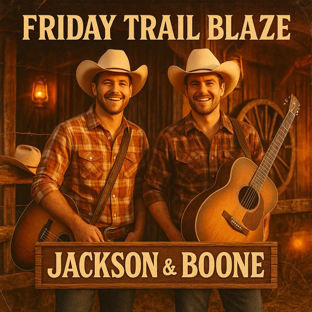 Country Album Covers template with cowboy duo and rustic barn
