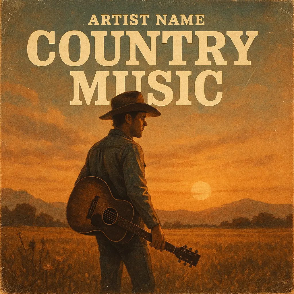 Country Album Covers template with vintage musician, sunset landscape