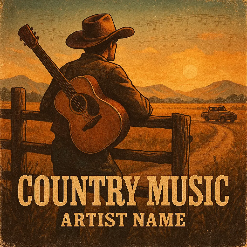 Country Album Covers template with cowboy, guitar, and sunset field