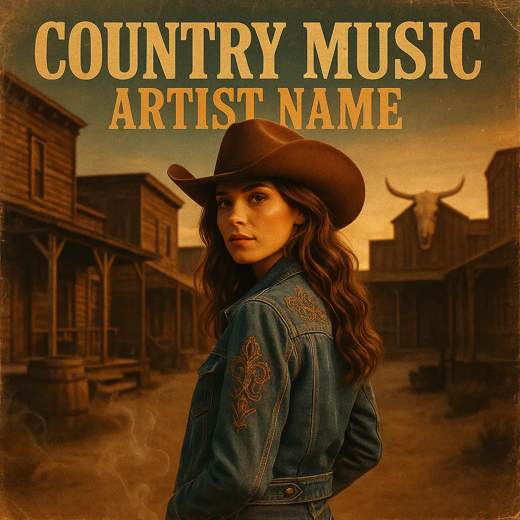 Country Album Covers template featuring a western-themed scene with a cowboy hat model
