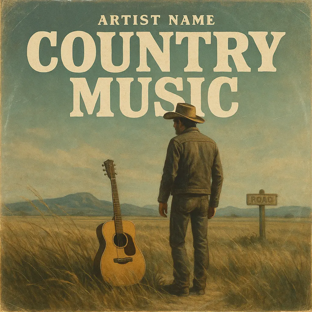Country Album Covers template with vintage illustration, musician, and prairie setting