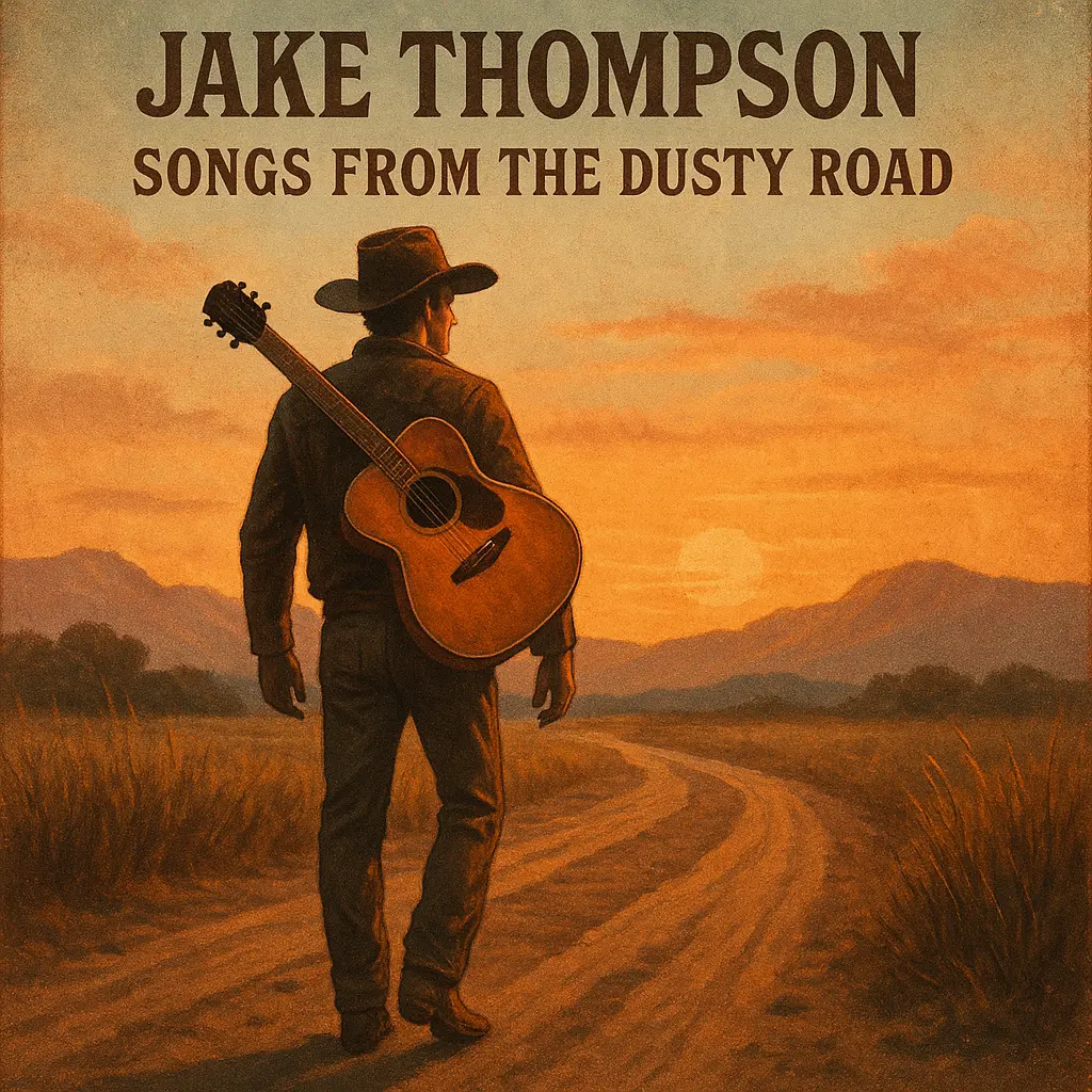 Country Album Covers template featuring cowboy with guitar in sunset landscape