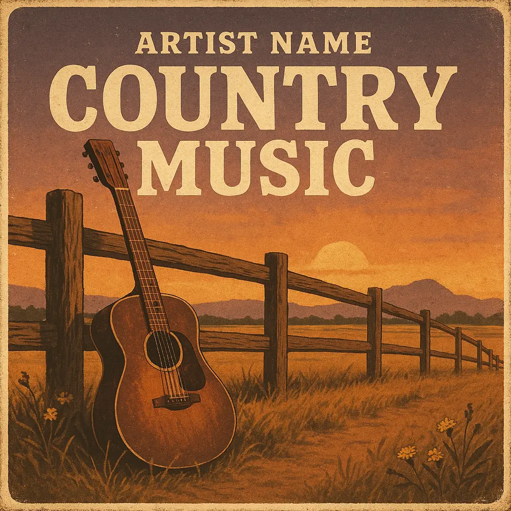 Country Album Covers template with vintage guitar against sunset field