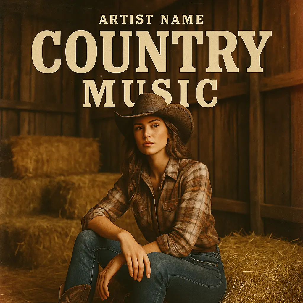 Country Album Covers template featuring rustic barn scene with woman in cowboy attire