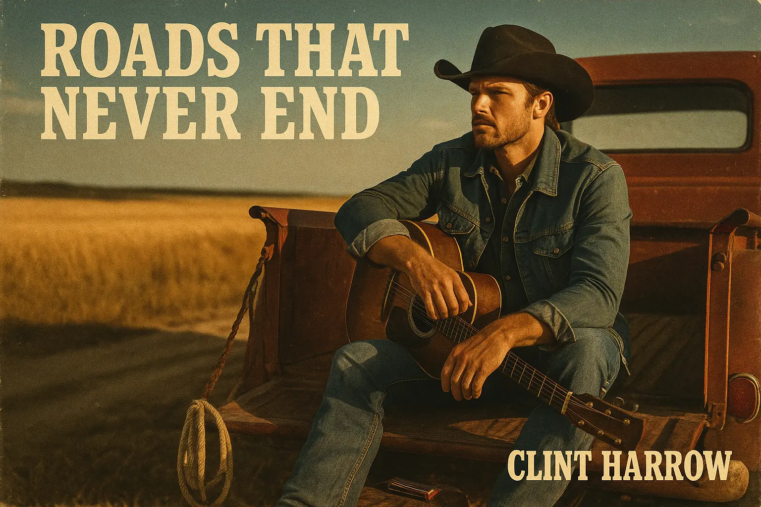 Country Album Covers template with a figure holding a guitar at sunset
