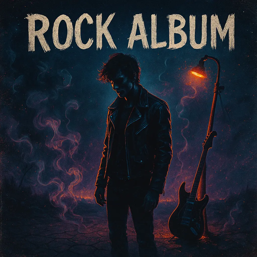 Rock Album Covers template featuring neon-lit rebellious figure on cracked street