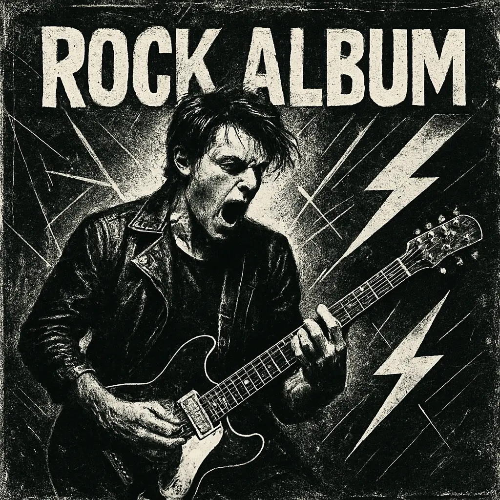 Rock Album Covers template featuring a musician playing guitar with lightning motifs.