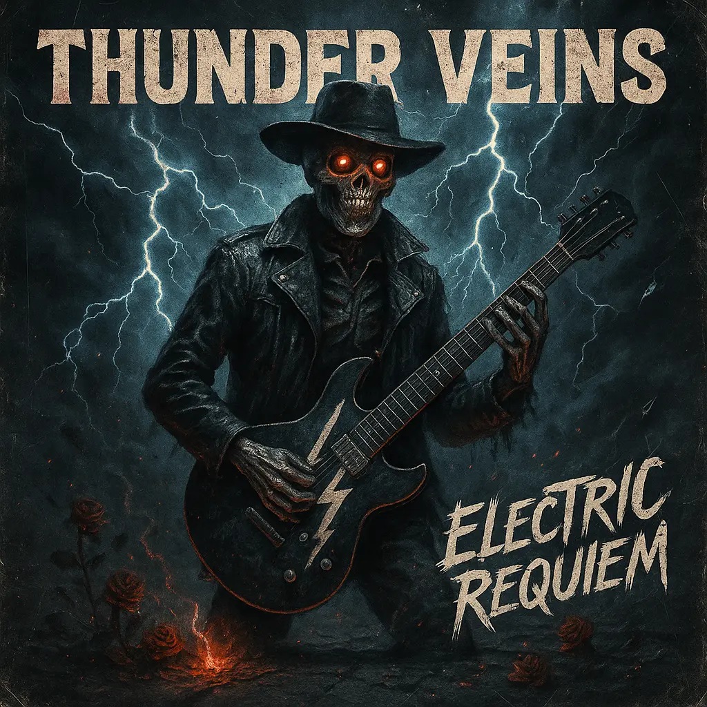 Rock Album Covers template with skeletal guitarist and stormy grunge aesthetic