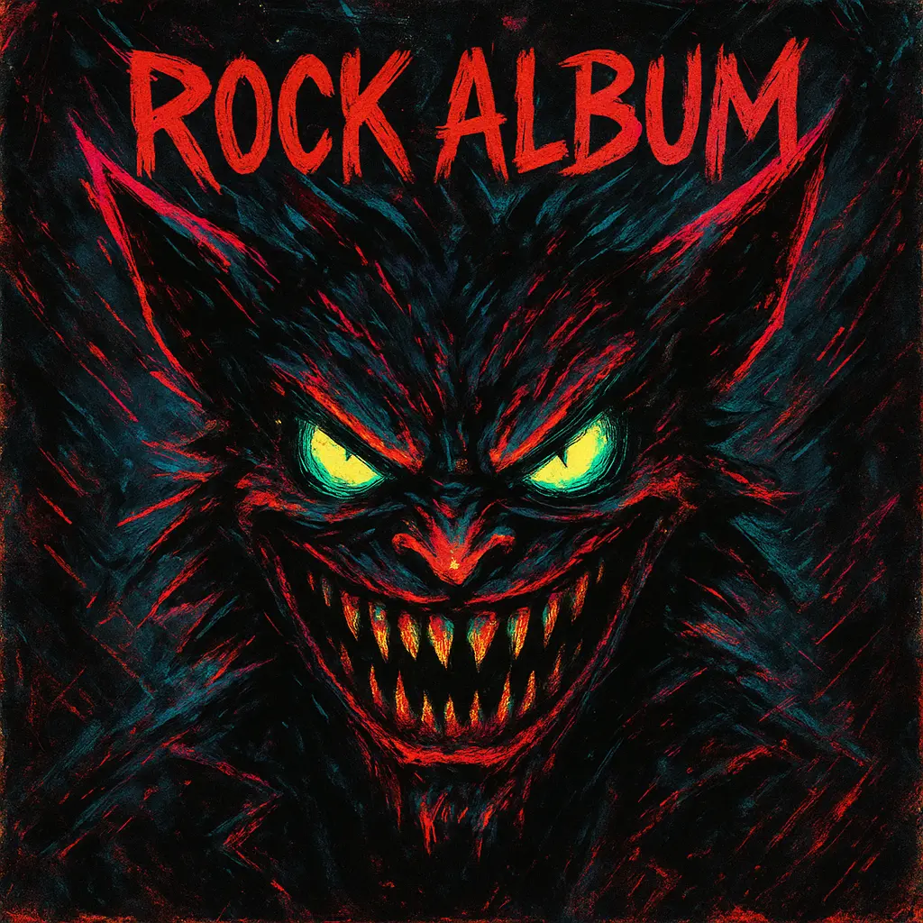 Rock Album Covers template featuring a neon creature face with chaotic strokes